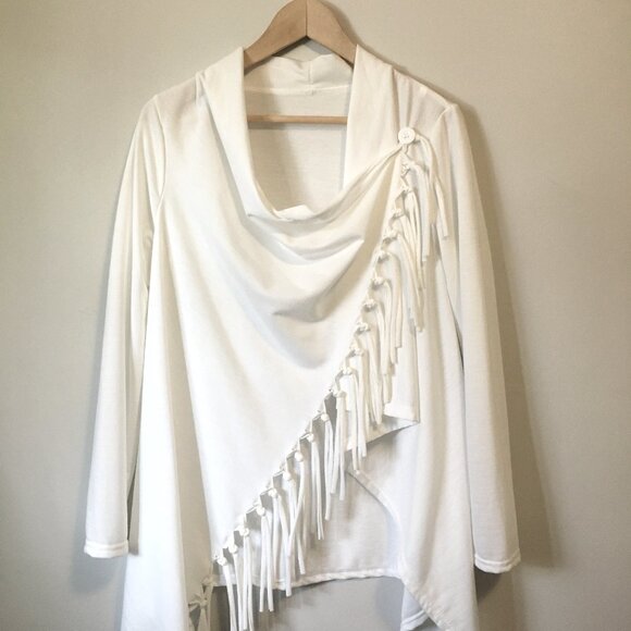 White Coastal Cowgirl Tassel Trimmed Cardigan Wrap - Picture 4 of 16